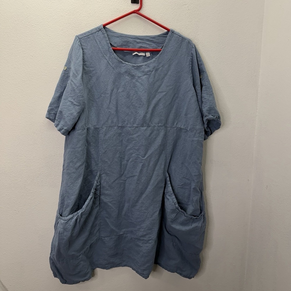 VASNA Made Italy 100% Linen Lagenlook Shift Tunic Dress Short Sleeve Blue SZ 1X